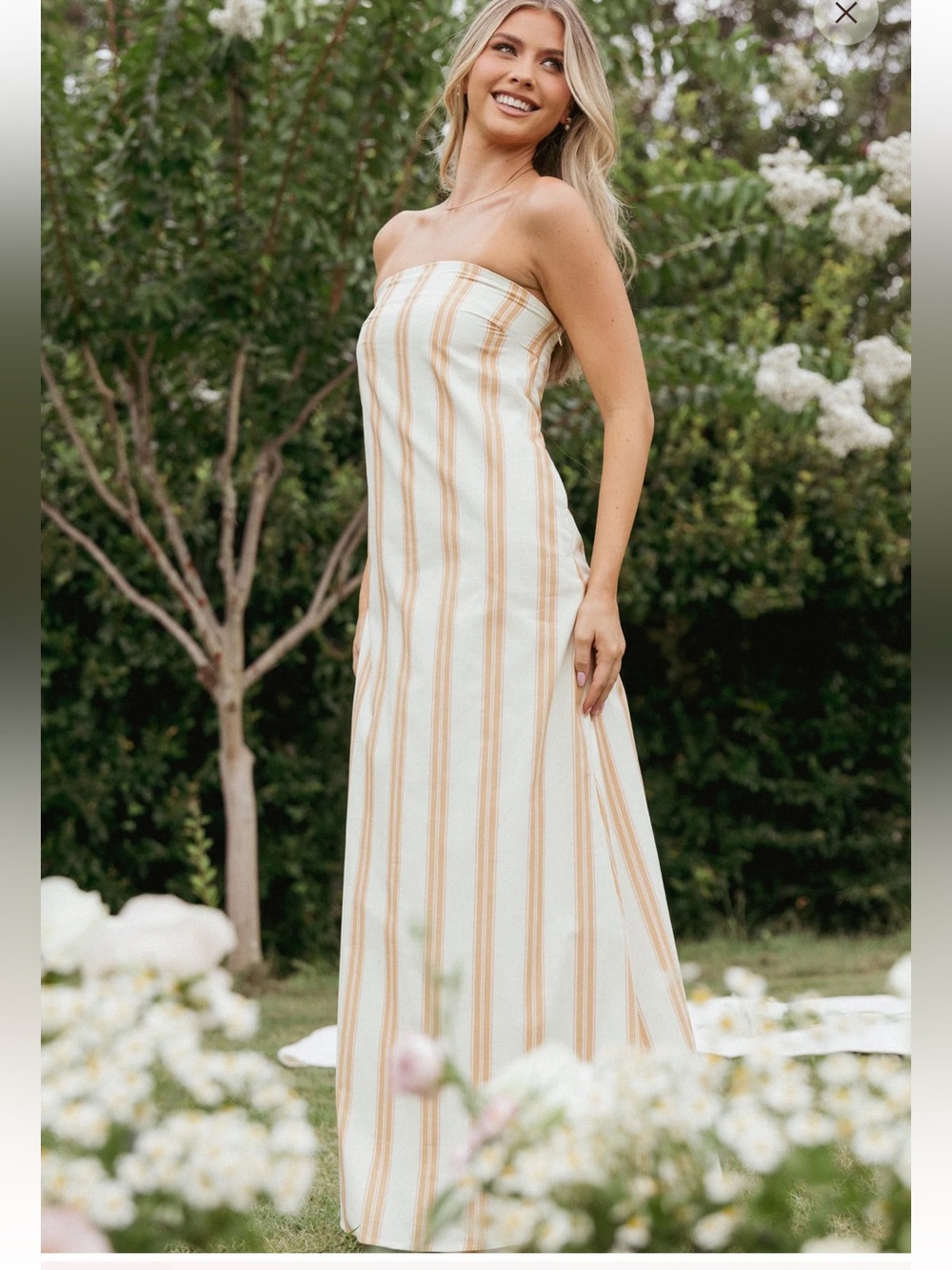 Petal & Pup $109 Luisa Midi Strapless Striped Dress